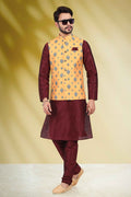 Raivat Ethnic Art Banarasi Silk Printed Work 3 Pics Jacket Set In Yellow Colour | Grocsy