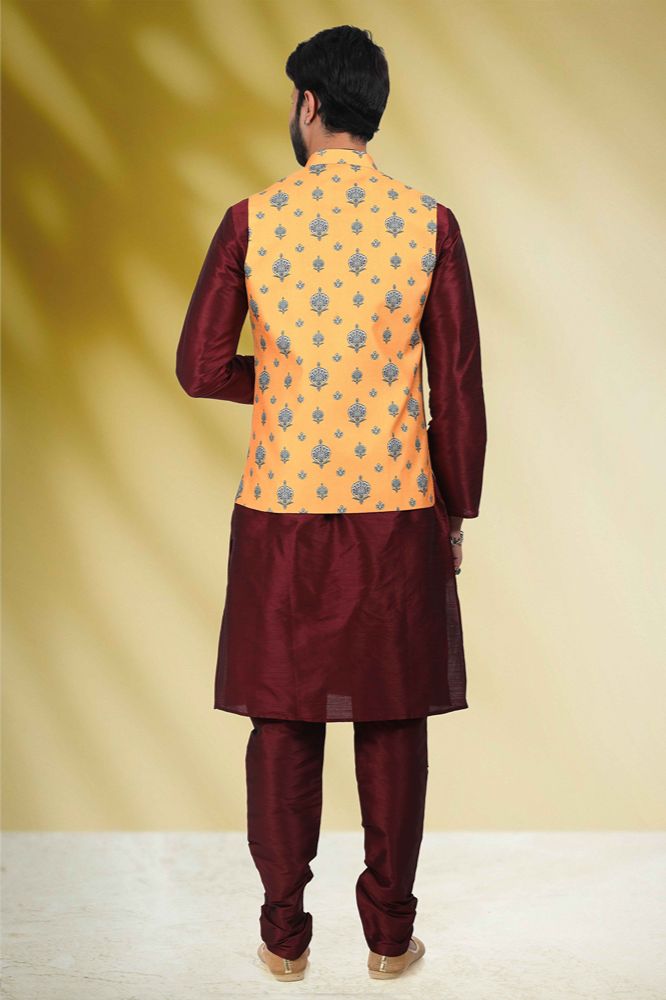 Raivat Ethnic Art Banarasi Silk Printed Work 3 Pics Jacket Set In Yellow Colour | Grocsy