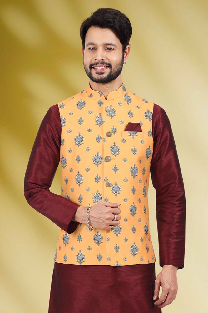 Raivat Ethnic Art Banarasi Silk Printed Work 3 Pics Jacket Set In Yellow Colour | Grocsy