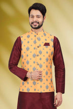 Raivat Ethnic Art Banarasi Silk Printed Work 3 Pics Jacket Set In Yellow Colour | Grocsy
