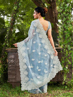 Tikhi Imli Ethnic Motifs Beads and Stones Organza Heavy Work Saree | Grocsy