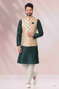 Raivat Ethnic Art Banarasi Silk Printed Work 3 Pics Jacket Set In Peach Colour | Grocsy