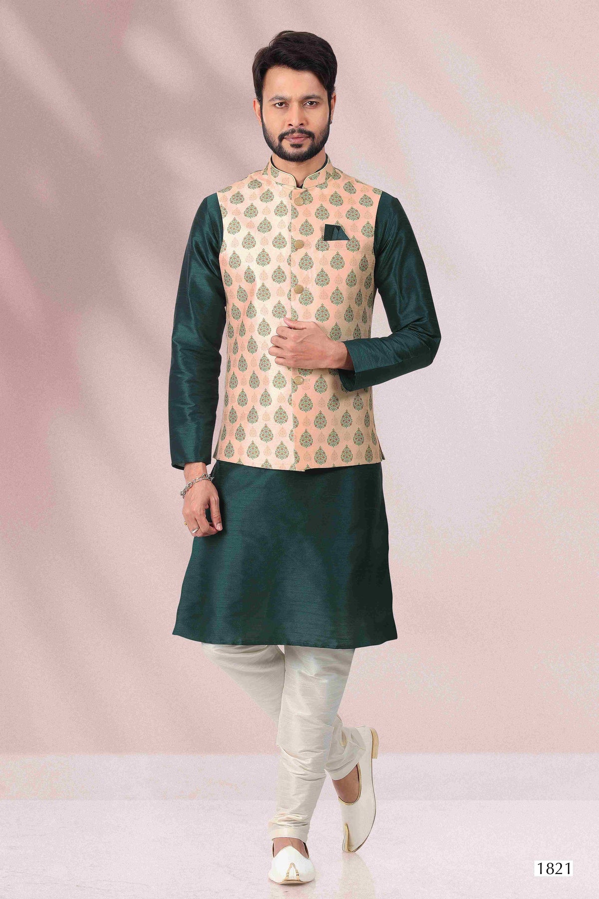 Raivat Ethnic Art Banarasi Silk Printed Work 3 Pics Jacket Set In Peach Colour | Grocsy