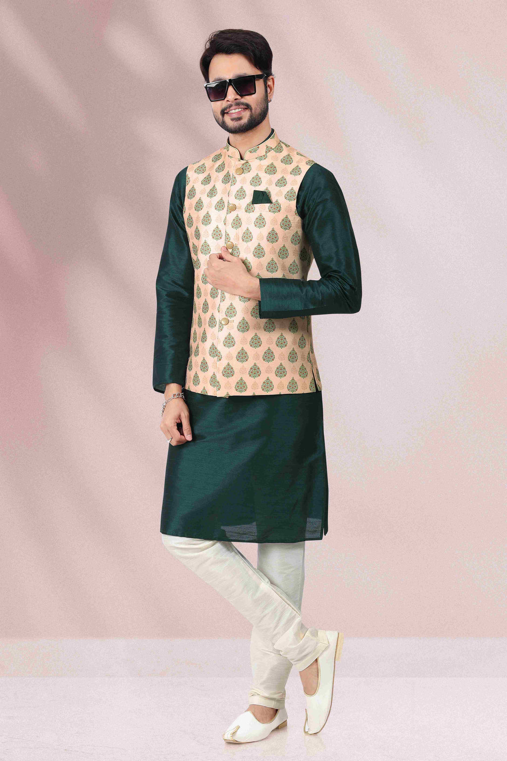 Raivat Ethnic Art Banarasi Silk Printed Work 3 Pics Jacket Set In Peach Colour | Grocsy