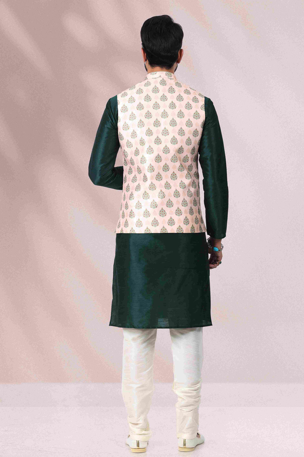 Raivat Ethnic Art Banarasi Silk Printed Work 3 Pics Jacket Set In Peach Colour | Grocsy