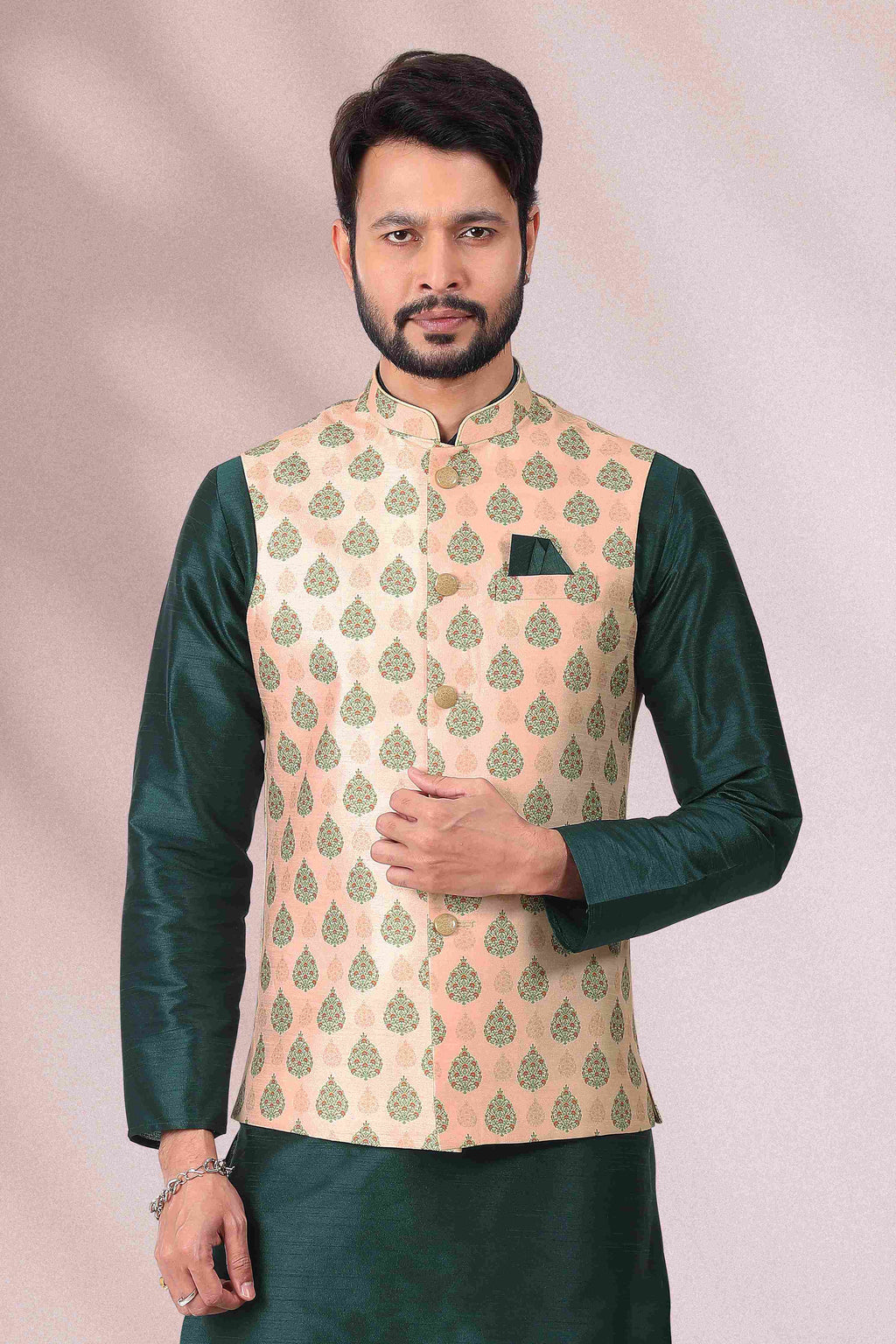Raivat Ethnic Art Banarasi Silk Printed Work 3 Pics Jacket Set In Peach Colour | Grocsy
