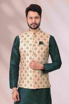 Raivat Ethnic Art Banarasi Silk Printed Work 3 Pics Jacket Set In Peach Colour | Grocsy