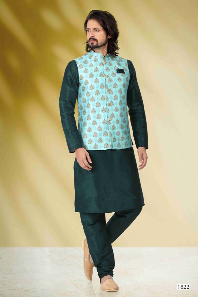 Raivat Ethnic Art Banarasi Silk Printed Work 3 Pics Jacket Set In Sea Green Colour | Grocsy