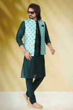 Raivat Ethnic Art Banarasi Silk Printed Work 3 Pics Jacket Set In Sea Green Colour | Grocsy