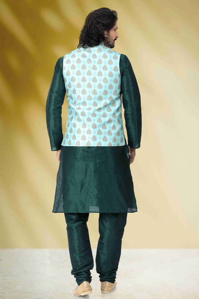 Raivat Ethnic Art Banarasi Silk Printed Work 3 Pics Jacket Set In Sea Green Colour | Grocsy