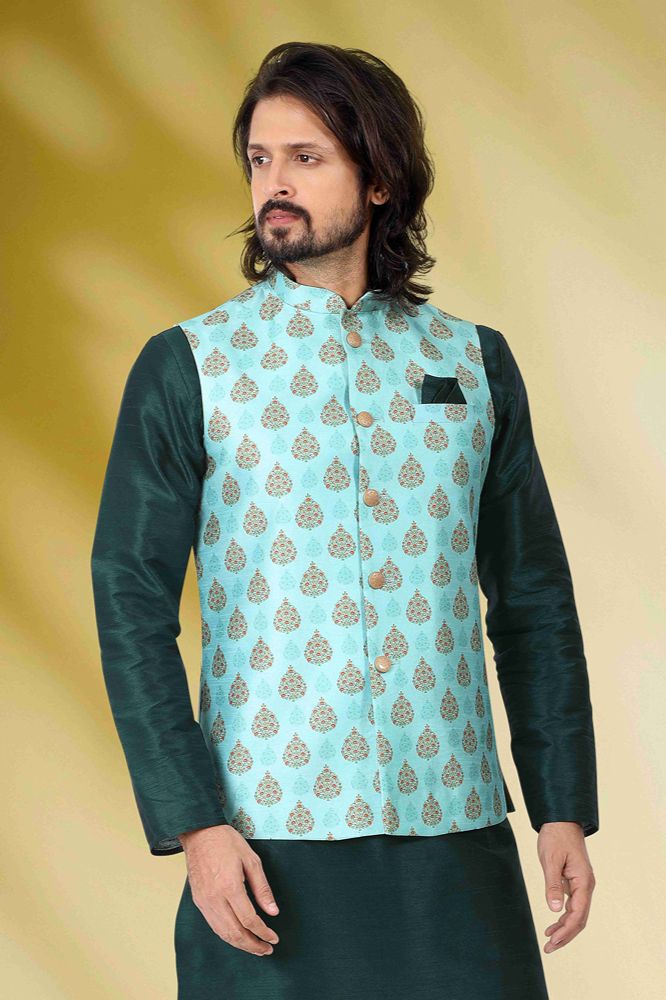 Raivat Ethnic Art Banarasi Silk Printed Work 3 Pics Jacket Set In Sea Green Colour | Grocsy