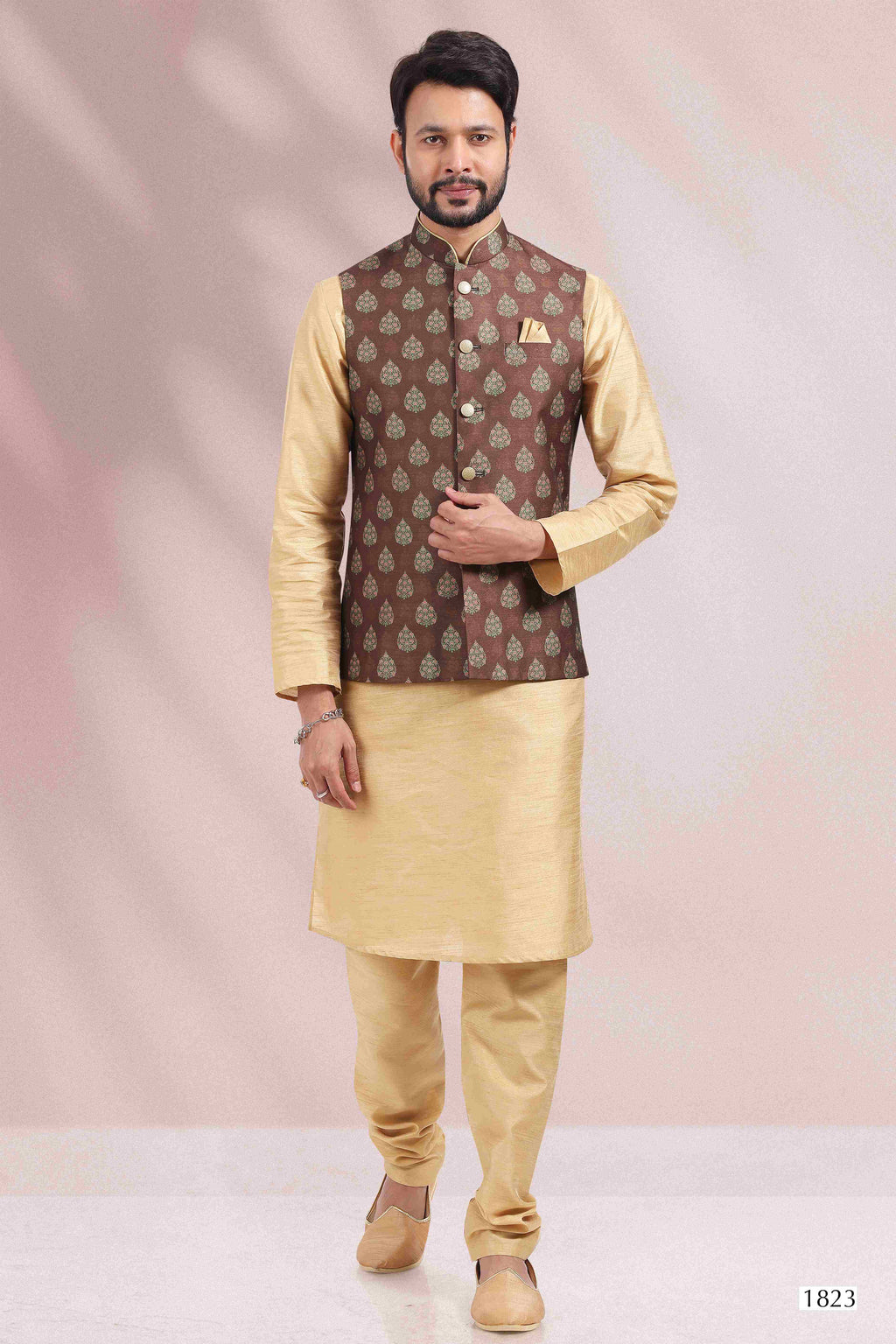 Raivat Ethnic Art Banarasi Silk Printed Work 3 Pics Jacket Set In Brown Colour | Grocsy