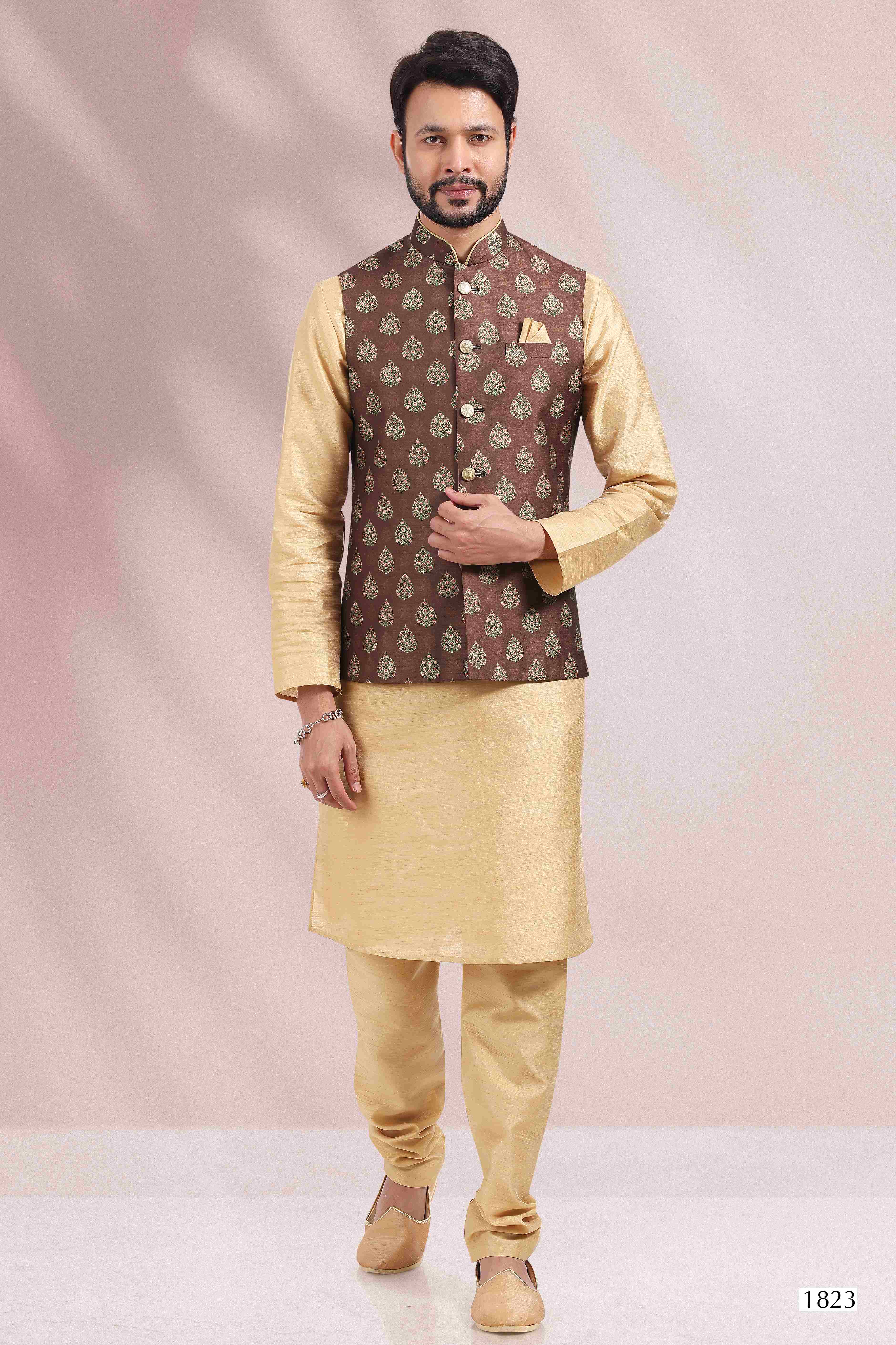 Raivat Ethnic Art Banarasi Silk Printed Work 3 Pics Jacket Set In Brown Colour | Grocsy
