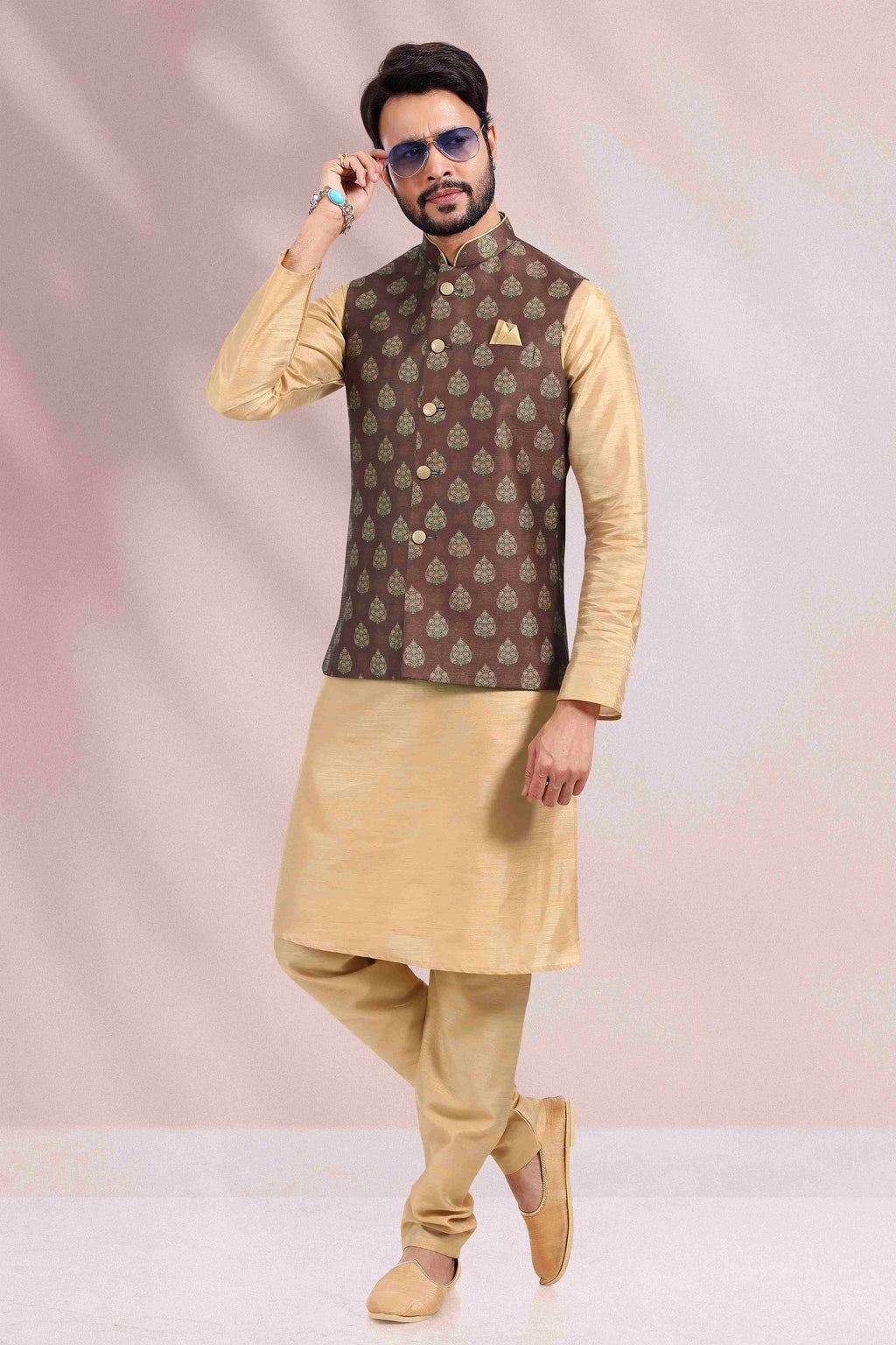 Raivat Ethnic Art Banarasi Silk Printed Work 3 Pics Jacket Set In Brown Colour | Grocsy