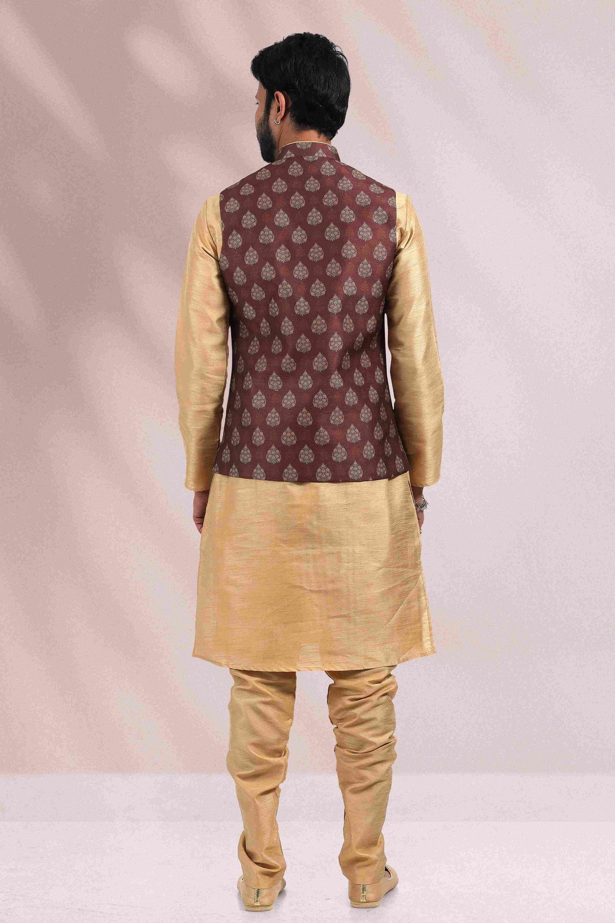 Raivat Ethnic Art Banarasi Silk Printed Work 3 Pics Jacket Set In Brown Colour | Grocsy
