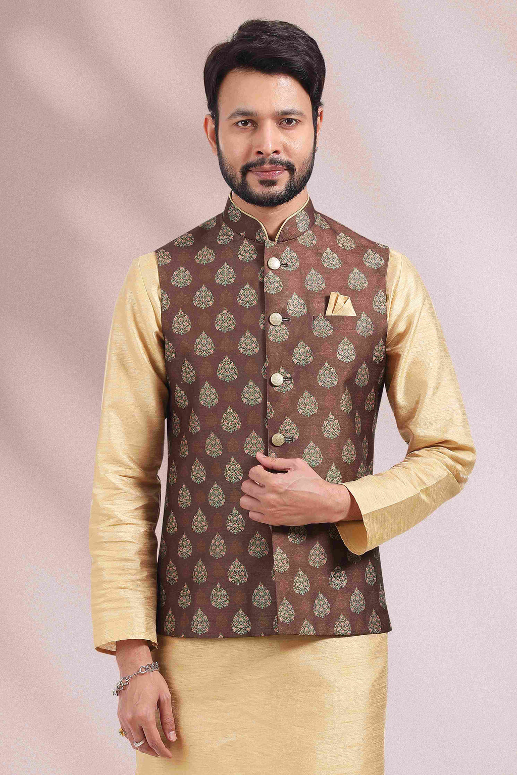 Raivat Ethnic Art Banarasi Silk Printed Work 3 Pics Jacket Set In Brown Colour | Grocsy