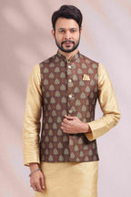 Raivat Ethnic Art Banarasi Silk Printed Work 3 Pics Jacket Set In Brown Colour | Grocsy