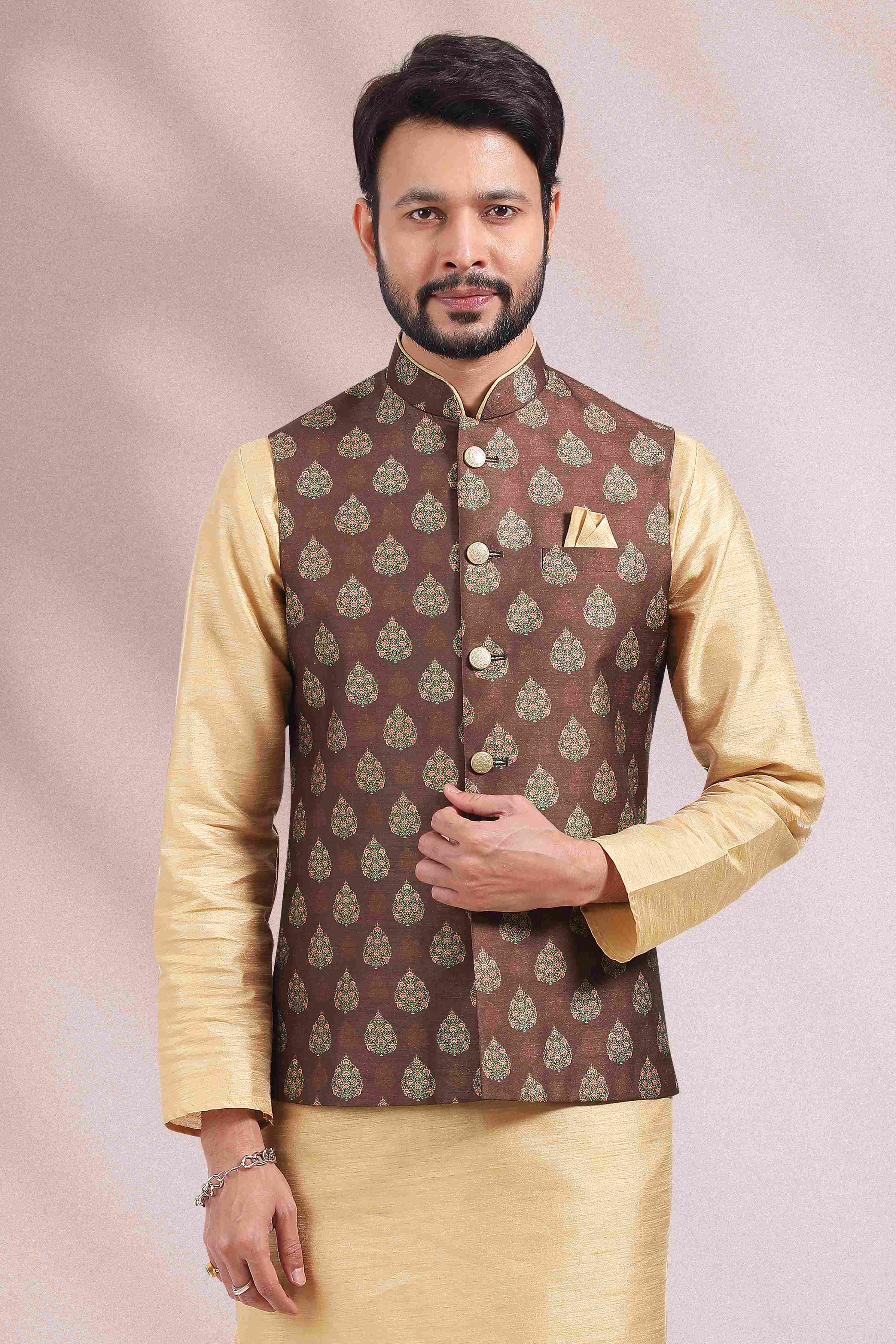 Raivat Ethnic Art Banarasi Silk Printed Work 3 Pics Jacket Set In Brown Colour | Grocsy