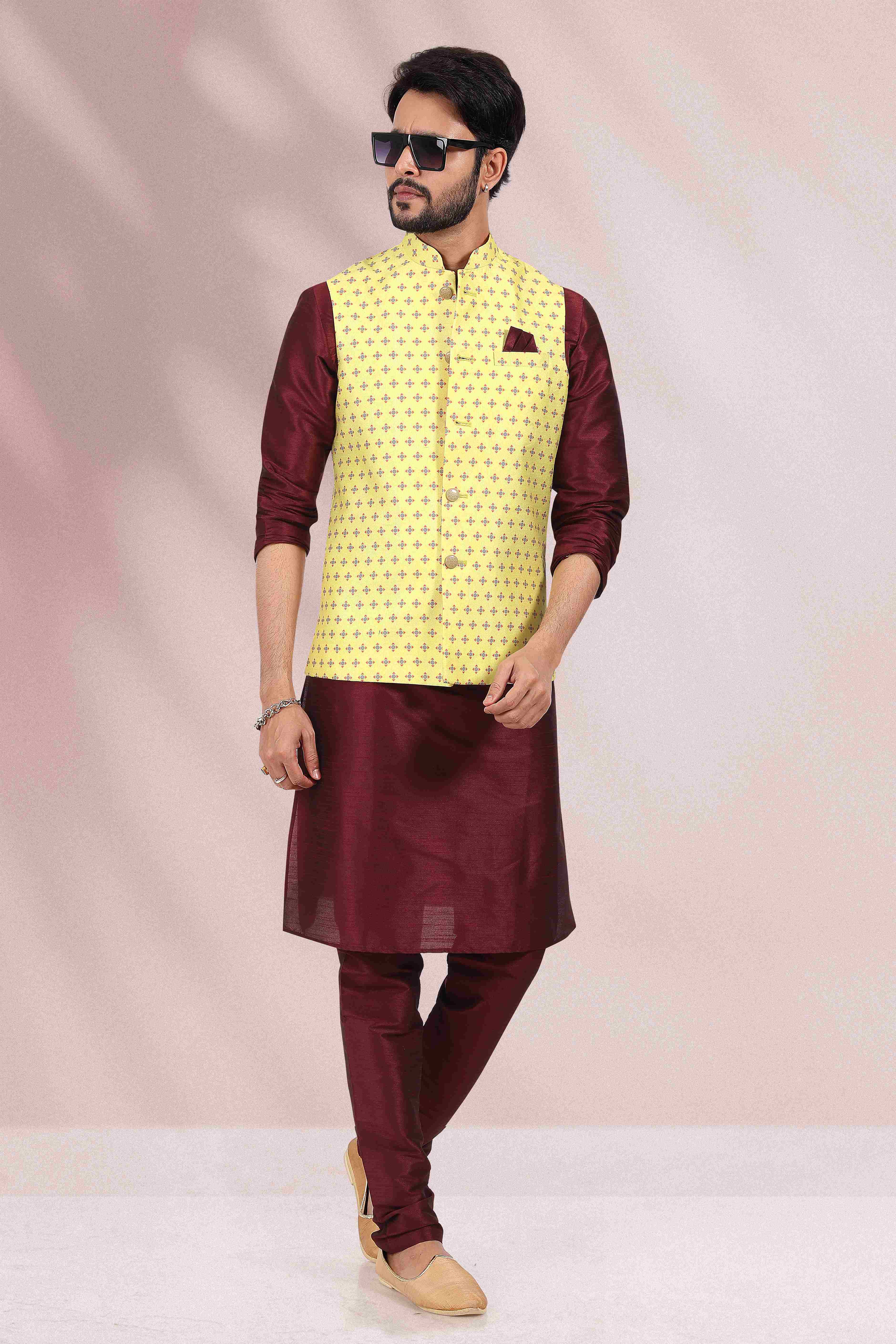 Raivat Ethnic Art Banarasi Silk Printed Work 3 Pics Jacket Set In Yellow Colour | Grocsy