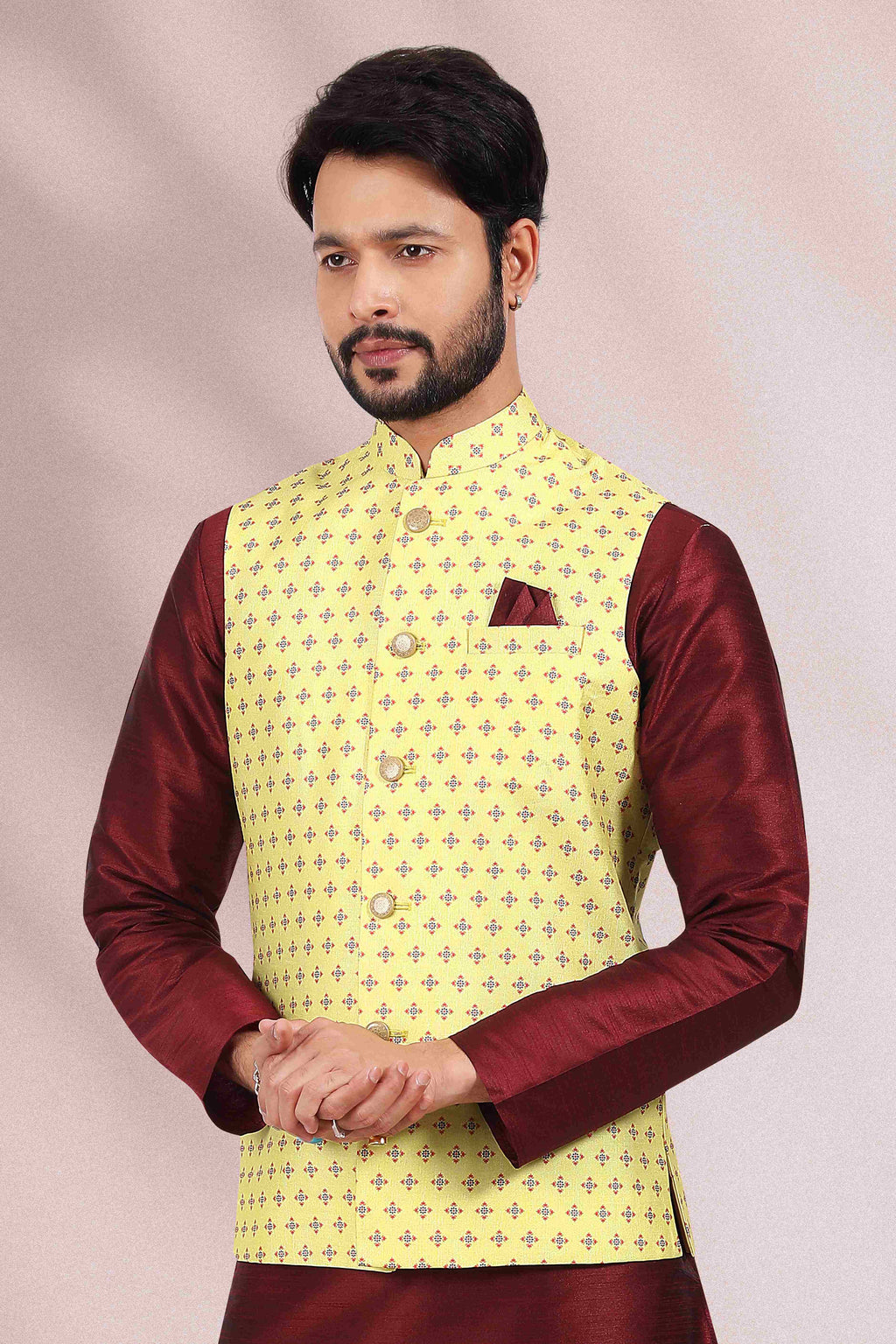 Raivat Ethnic Art Banarasi Silk Printed Work 3 Pics Jacket Set In Yellow Colour | Grocsy