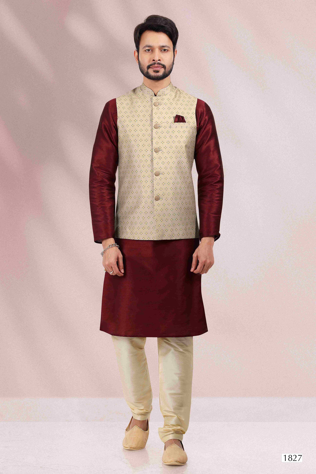 Raivat Ethnic Art Banarasi Silk Printed Work 3 Pics Jacket Set In Cream Colour | Grocsy