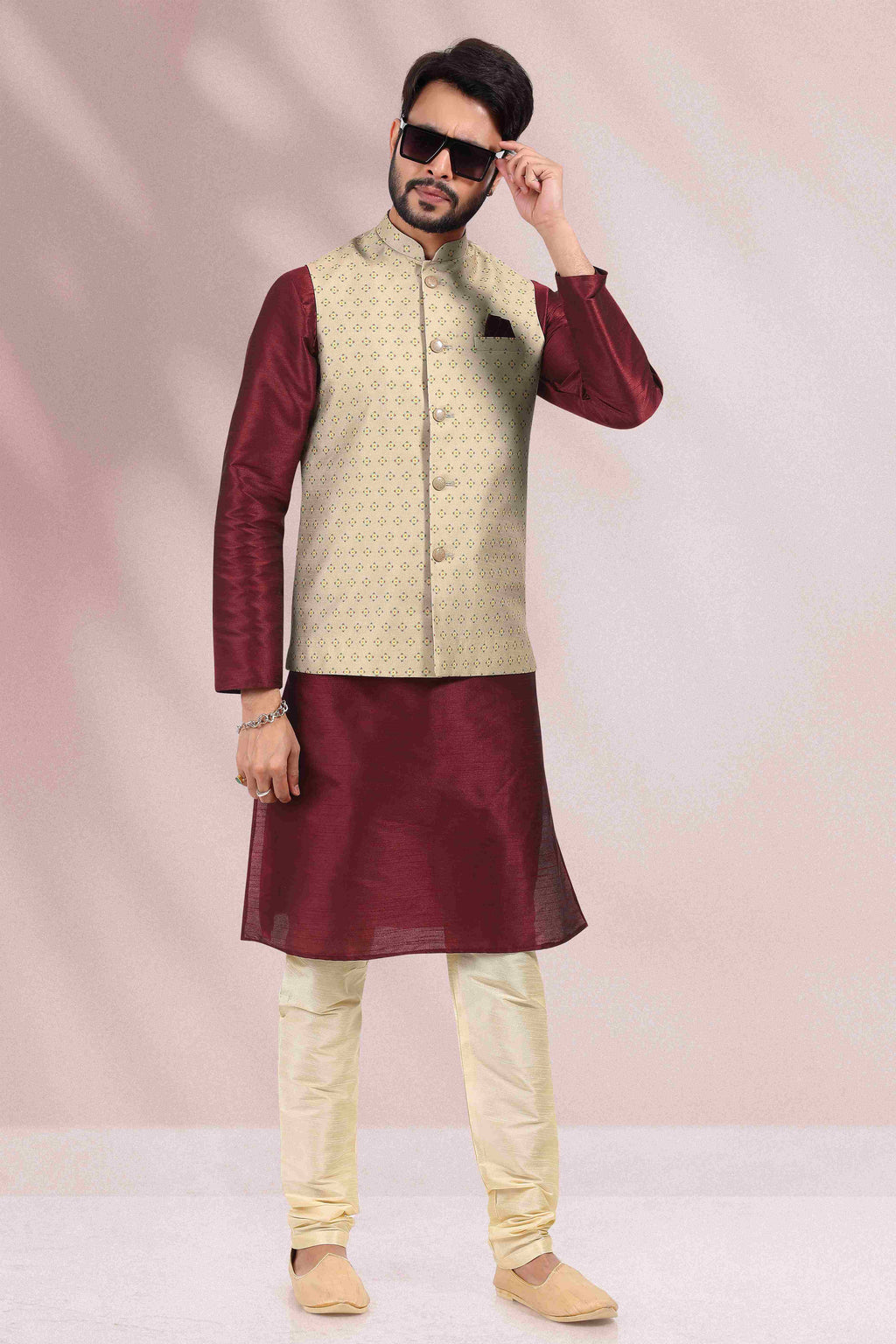 Raivat Ethnic Art Banarasi Silk Printed Work 3 Pics Jacket Set In Cream Colour | Grocsy