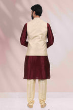 Raivat Ethnic Art Banarasi Silk Printed Work 3 Pics Jacket Set In Cream Colour | Grocsy