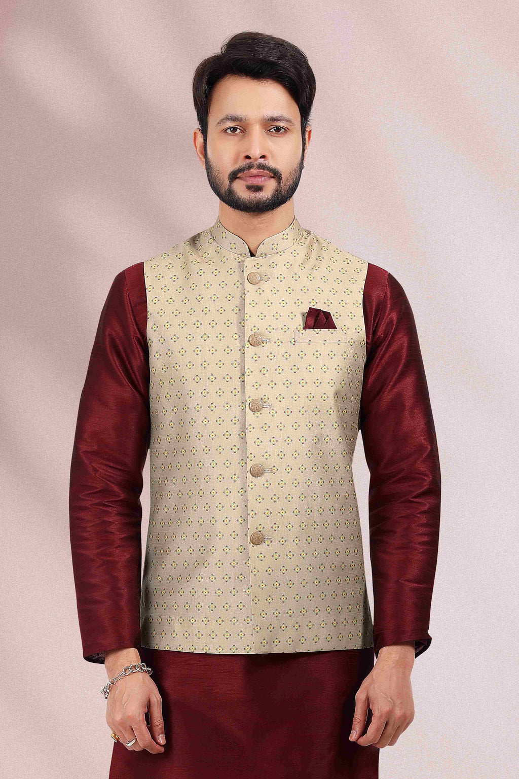 Raivat Ethnic Art Banarasi Silk Printed Work 3 Pics Jacket Set In Cream Colour | Grocsy