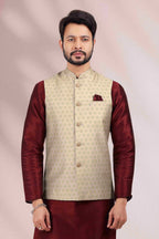 Raivat Ethnic Art Banarasi Silk Printed Work 3 Pics Jacket Set In Cream Colour | Grocsy