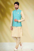 Raivat Ethnic Art Banarasi Silk Printed Work 3 Pics Jacket Set In Sky Blue Colour | Grocsy