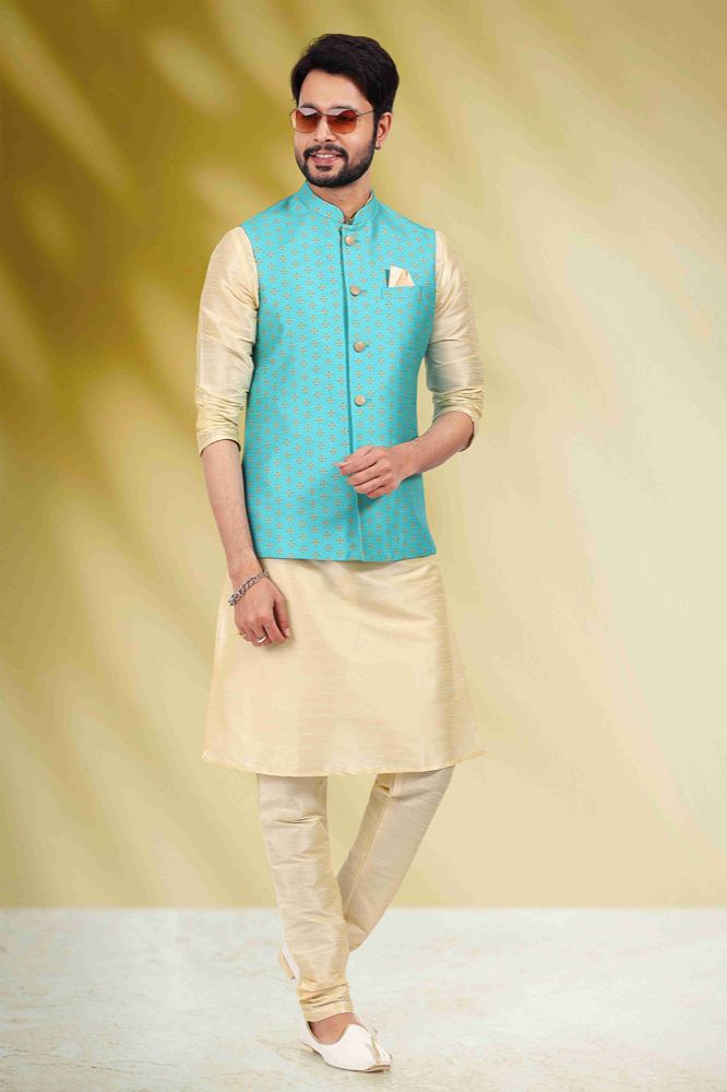 Raivat Ethnic Art Banarasi Silk Printed Work 3 Pics Jacket Set In Sky Blue Colour | Grocsy