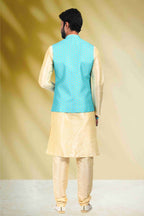 Raivat Ethnic Art Banarasi Silk Printed Work 3 Pics Jacket Set In Sky Blue Colour | Grocsy
