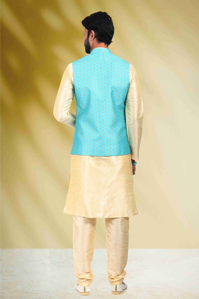 Raivat Ethnic Art Banarasi Silk Printed Work 3 Pics Jacket Set In Sky Blue Colour | Grocsy