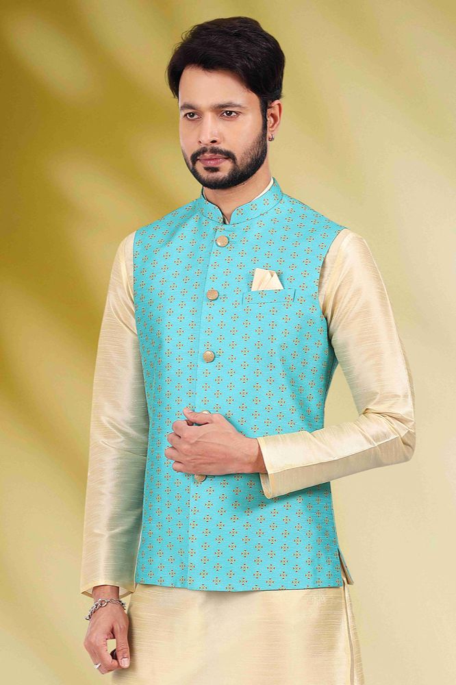 Raivat Ethnic Art Banarasi Silk Printed Work 3 Pics Jacket Set In Sky Blue Colour | Grocsy