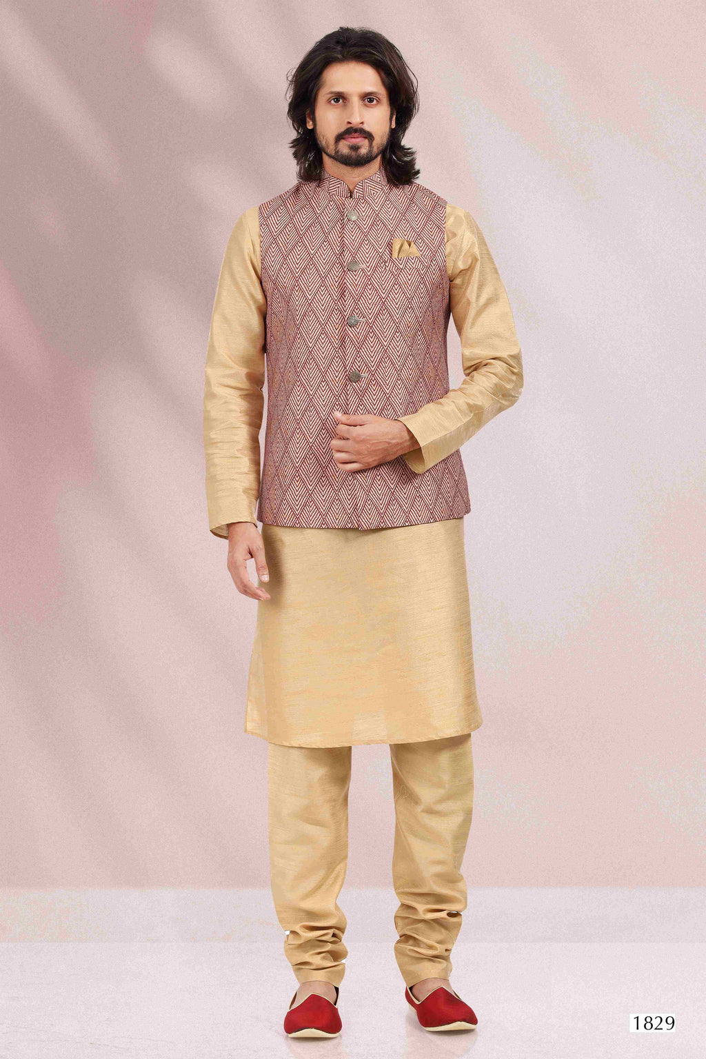 Raivat Ethnic Art Banarasi Silk Printed Work 3 Pics Jacket Set In Maroon Colour | Grocsy