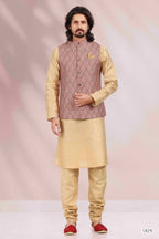 Raivat Ethnic Art Banarasi Silk Printed Work 3 Pics Jacket Set In Maroon Colour | Grocsy
