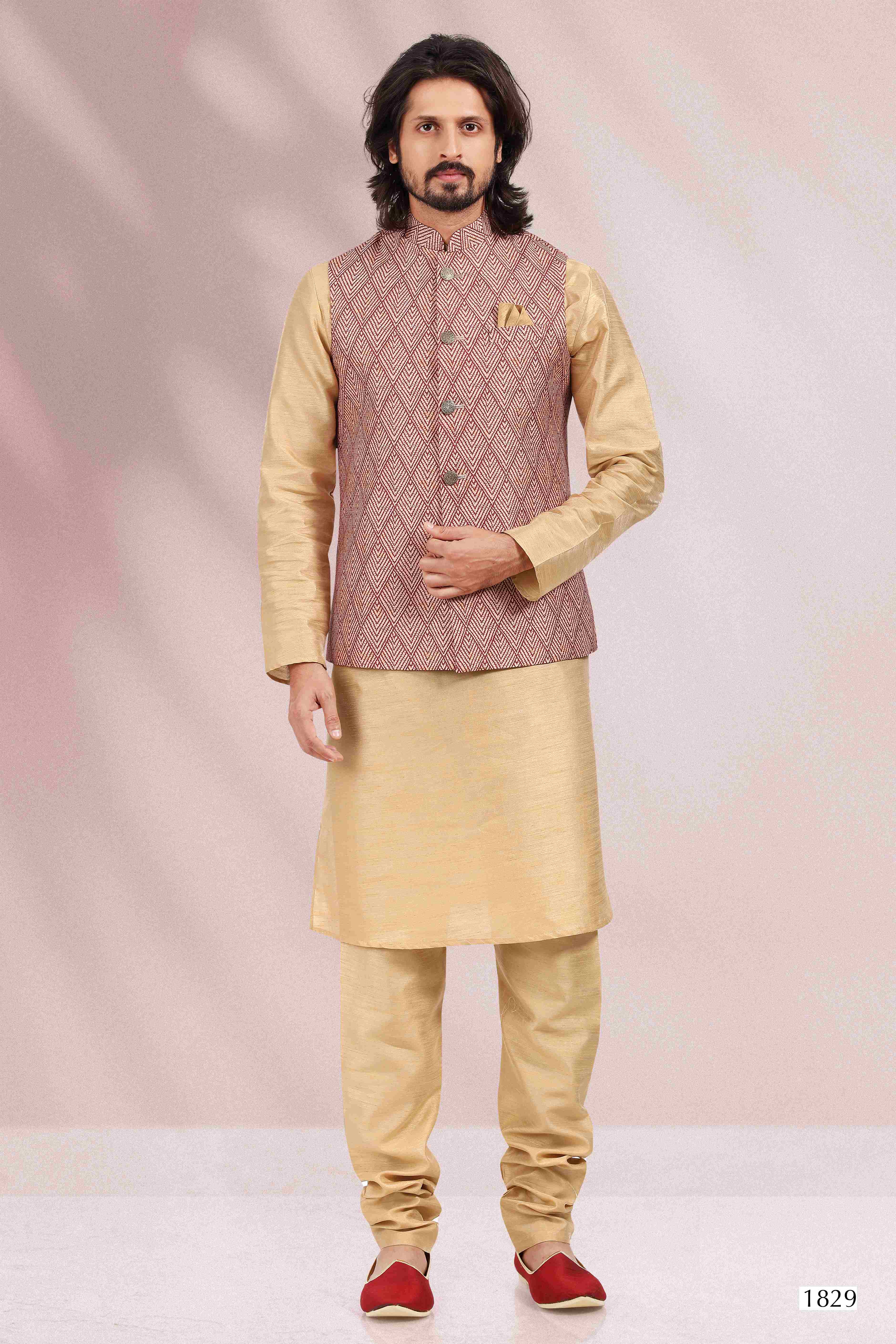 Raivat Ethnic Art Banarasi Silk Printed Work 3 Pics Jacket Set In Maroon Colour | Grocsy