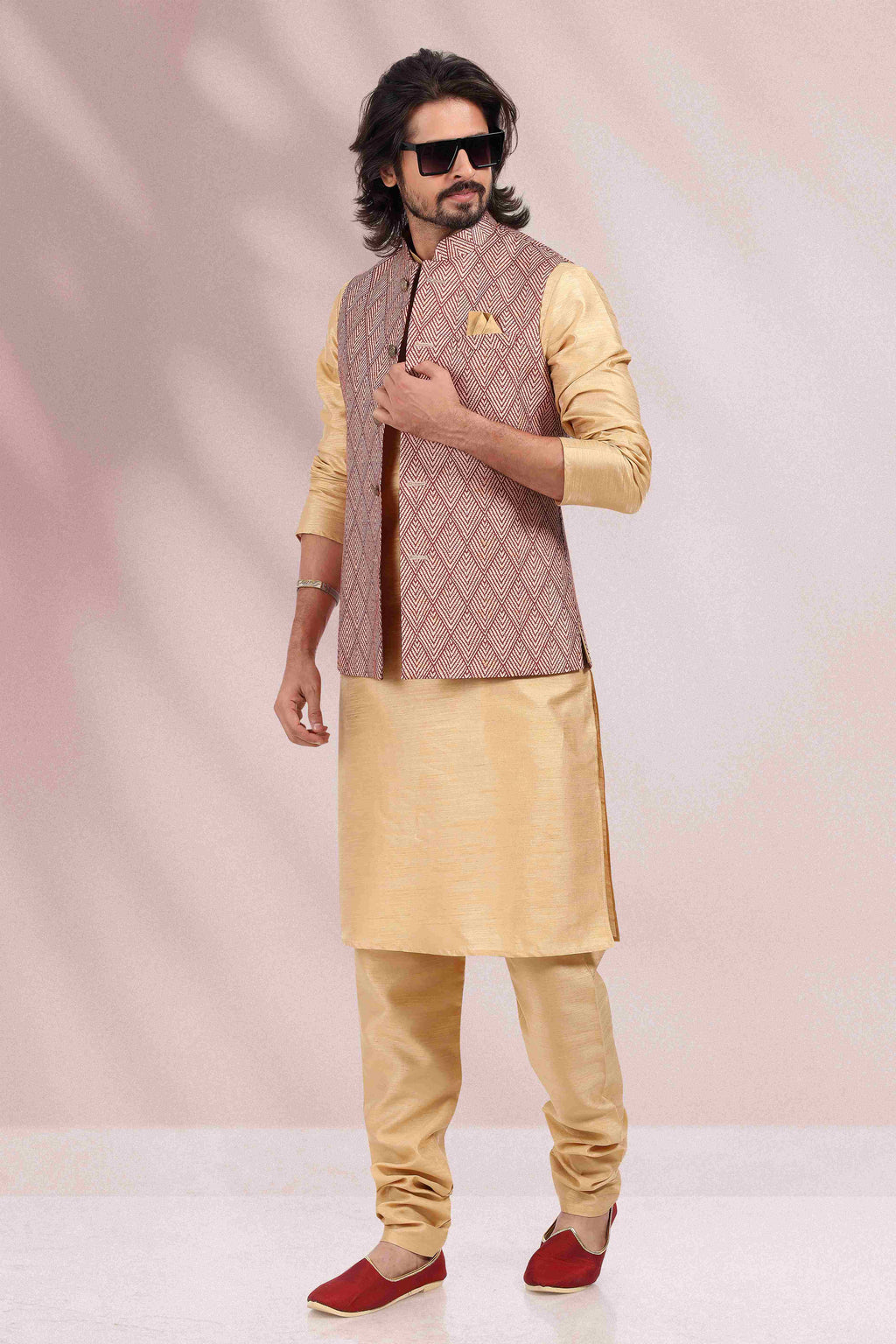 Raivat Ethnic Art Banarasi Silk Printed Work 3 Pics Jacket Set In Maroon Colour | Grocsy