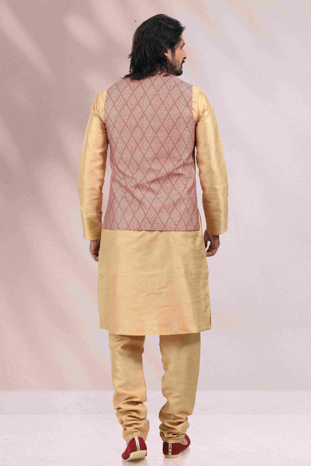 Raivat Ethnic Art Banarasi Silk Printed Work 3 Pics Jacket Set In Maroon Colour | Grocsy