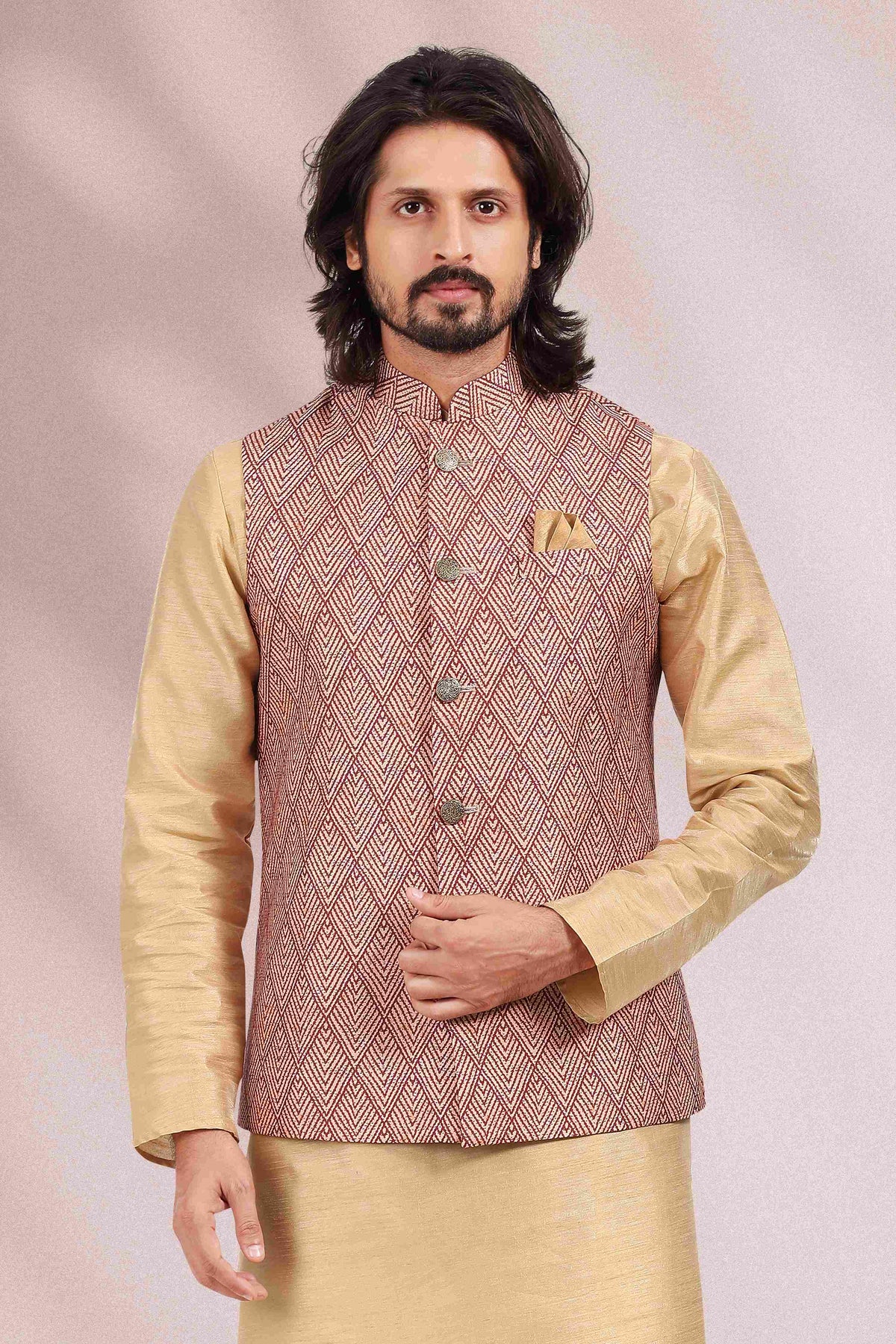 Raivat Ethnic Art Banarasi Silk Printed Work 3 Pics Jacket Set In Maroon Colour | Grocsy