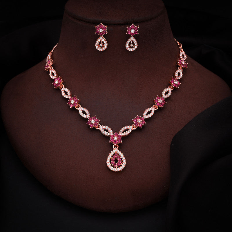 Tehzeeb Creations Elegant Pink Polished American Diamond (Ad) Studded Necklace And Earring Set For Women | Grocsy