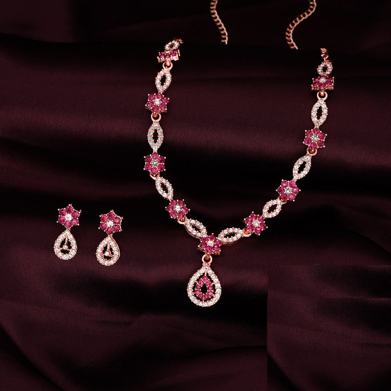 Tehzeeb Creations Elegant Pink Polished American Diamond (Ad) Studded Necklace And Earring Set For Women | Grocsy