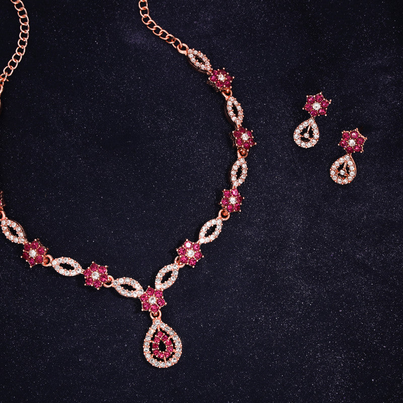 Tehzeeb Creations Elegant Pink Polished American Diamond (Ad) Studded Necklace And Earring Set For Women | Grocsy