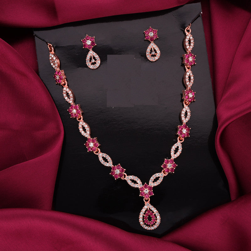 Tehzeeb Creations Elegant Pink Polished American Diamond (Ad) Studded Necklace And Earring Set For Women | Grocsy