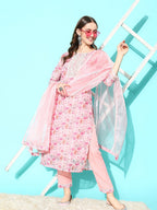Sangria Floral Printed Regular Thread Work Linen Kurta with Trousers & With Dupatta | Grocsy