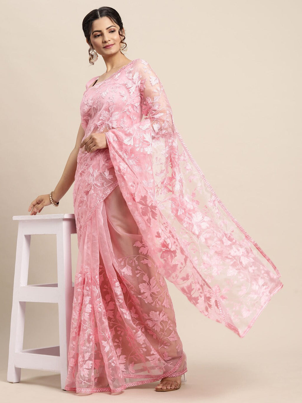 Saree Mall Pink Floral Embroidered Organza Sarees | Grocsy