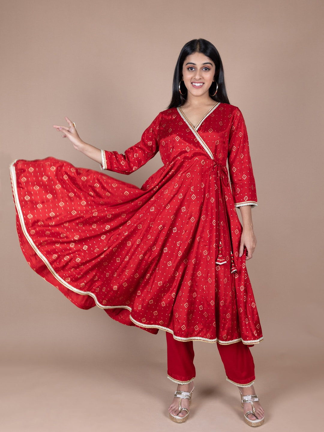 HERE&NOW Red & Beige Ethnic Motifs Printed Angrakha Gotta Patti Kurta with Trousers | Grocsy