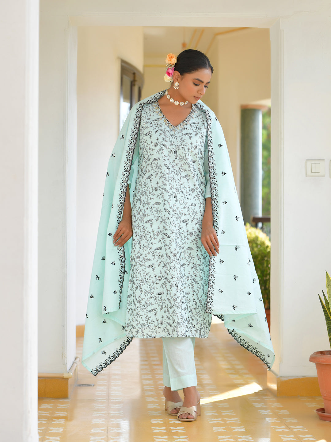 Vaasva Women's Cotton Solid Sky Embroidered Suit Set | Grocsy