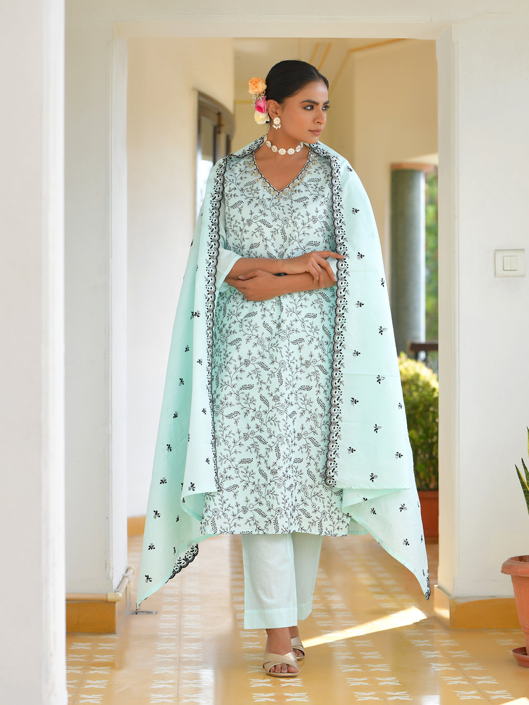 Vaasva Women's Cotton Solid Sky Embroidered Suit Set | Grocsy