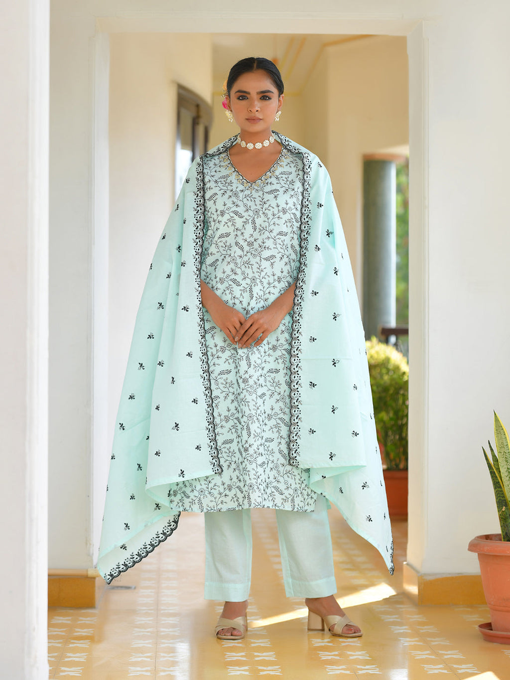 Vaasva Women's Cotton Solid Sky Embroidered Suit Set | Grocsy